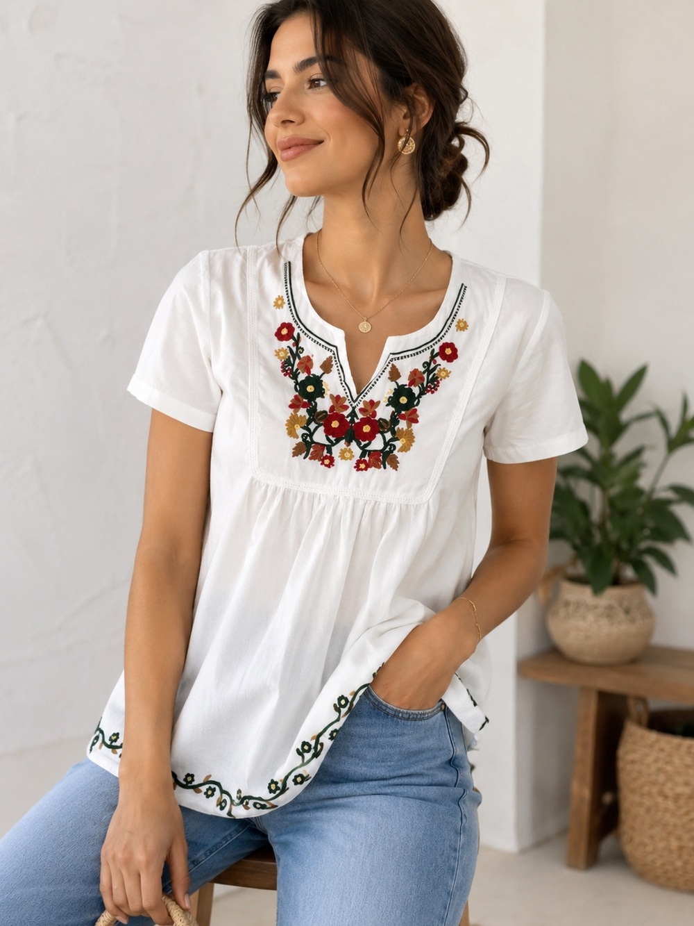 Boho Embroidered Floral Babydoll Top White Cottagecore Peasant Blouse Size S